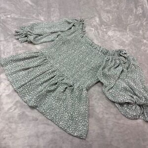 Bluiivy Smocked Peplum Top Green White Floral Print Puff Sleeve Off Shoulder M